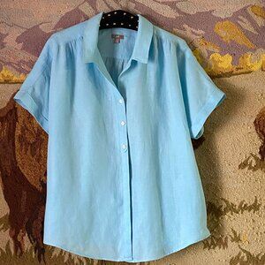 J.Jill Sz Linen Sz XL Womens Turquoise Blouse Button Up Cap Sleeve